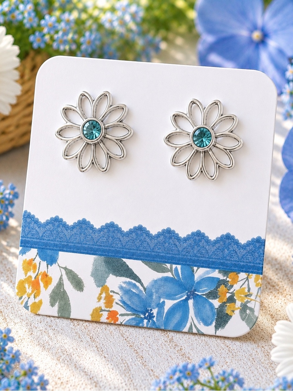 Handmade Silver Daisy Stud Earrings Blue Crystal New 0.75”